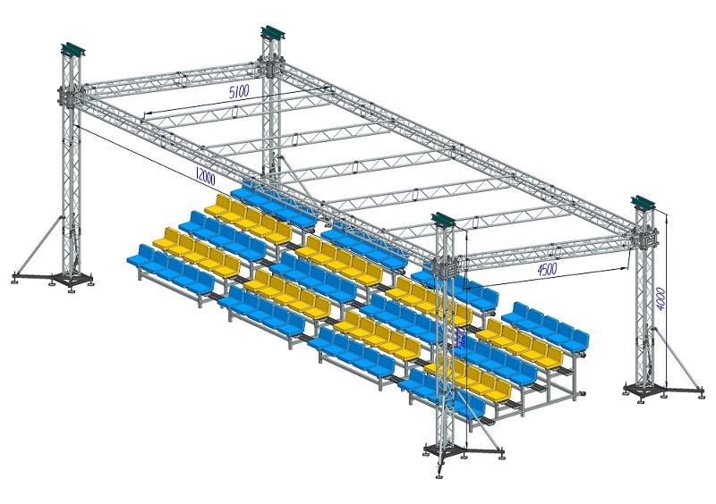 2-5 row aluminum bleachers with back support and tip and roll system